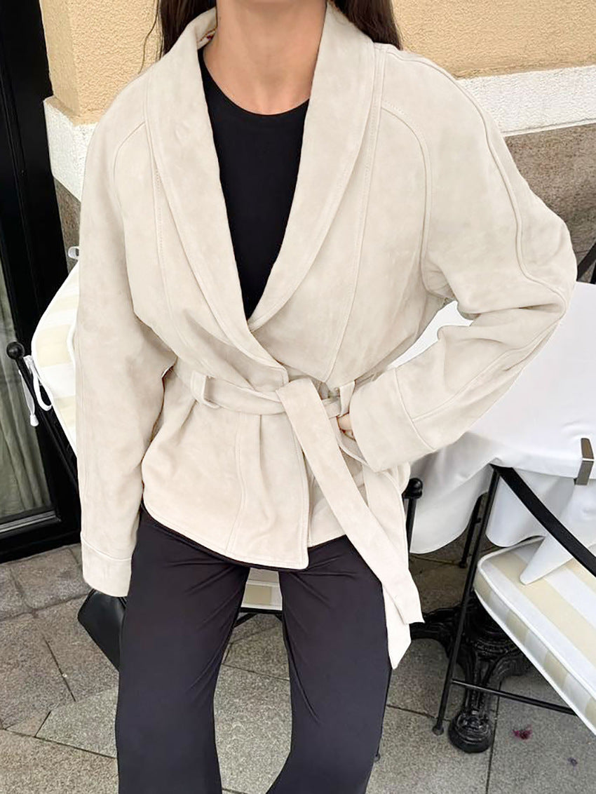 Ivy | Womens Faux Suede Belted Longline V Neck Fall Jacket Coat
