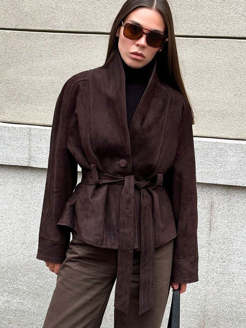 Ivy | Womens Faux Suede Belted Longline V Neck Fall Jacket Coat