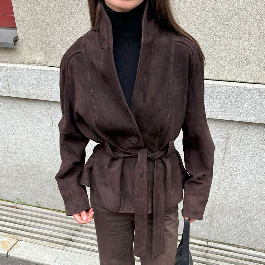 Ivy | Womens Faux Suede Belted Longline V Neck Fall Jacket Coat