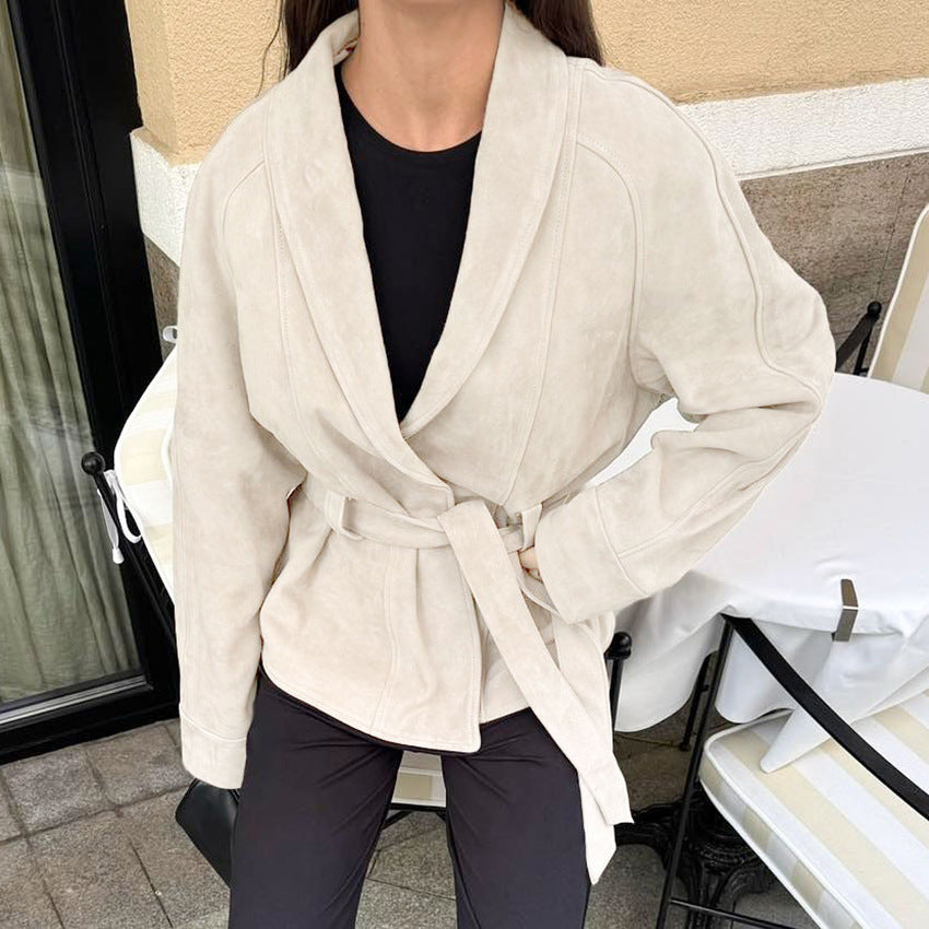 Ivy | Womens Faux Suede Belted Longline V Neck Fall Jacket Coat