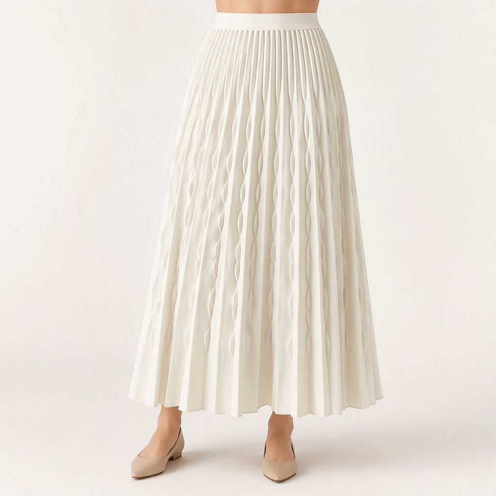 Jackie | Womens Pleated Knit A Line High Waisted Long Maxi Skirt, White