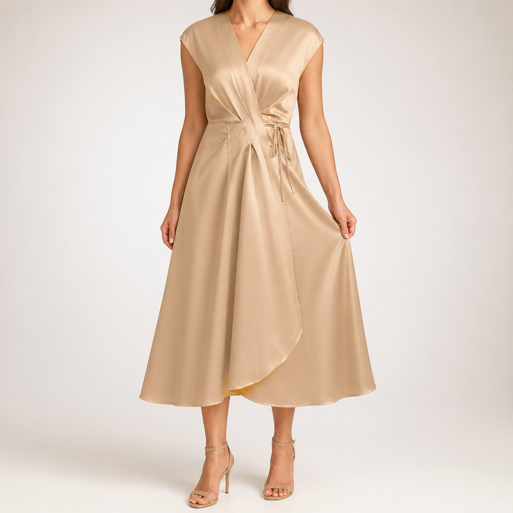 Jacqueline | Womens Wedding Guest Cocktail Satin Midi Formal Evening Dress, Champagne