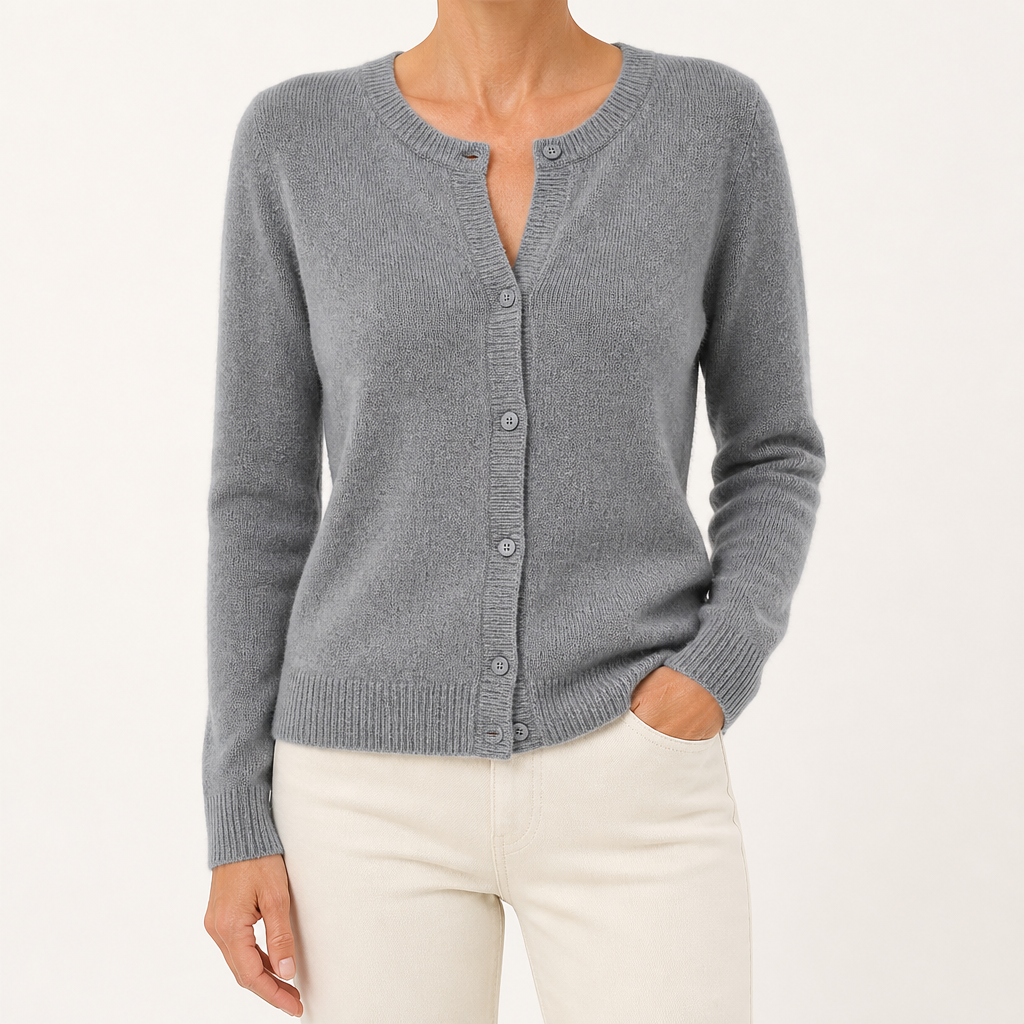 Janice | Womens Round Neck Button Front Knit Cardigan Sweater, Grey