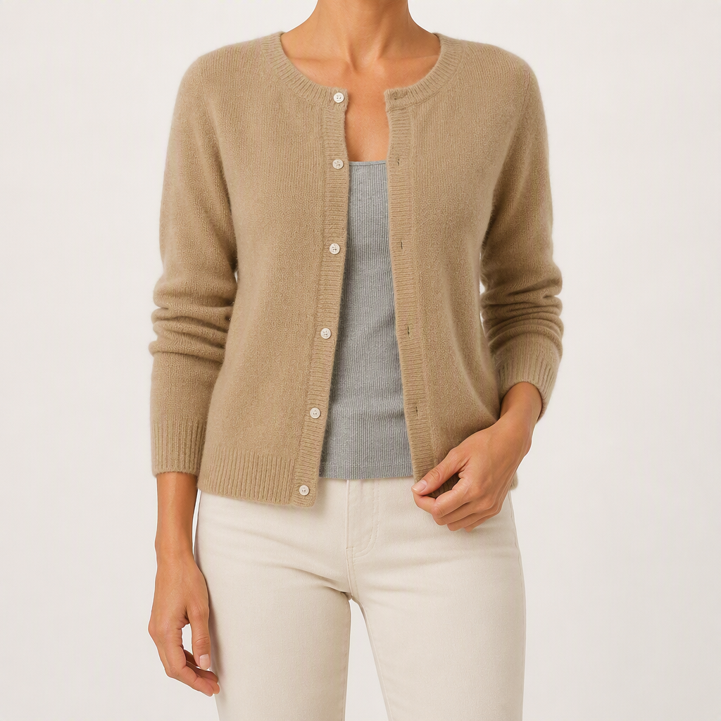 Janice | Womens Round Neck Button Front Knit Cardigan Sweater, Khaki