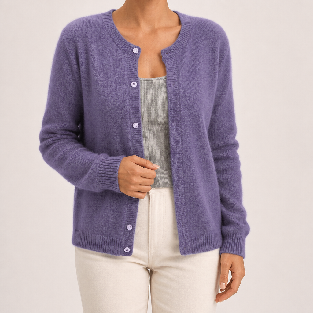 Janice | Womens Round Neck Button Front Knit Cardigan Sweater, Purple