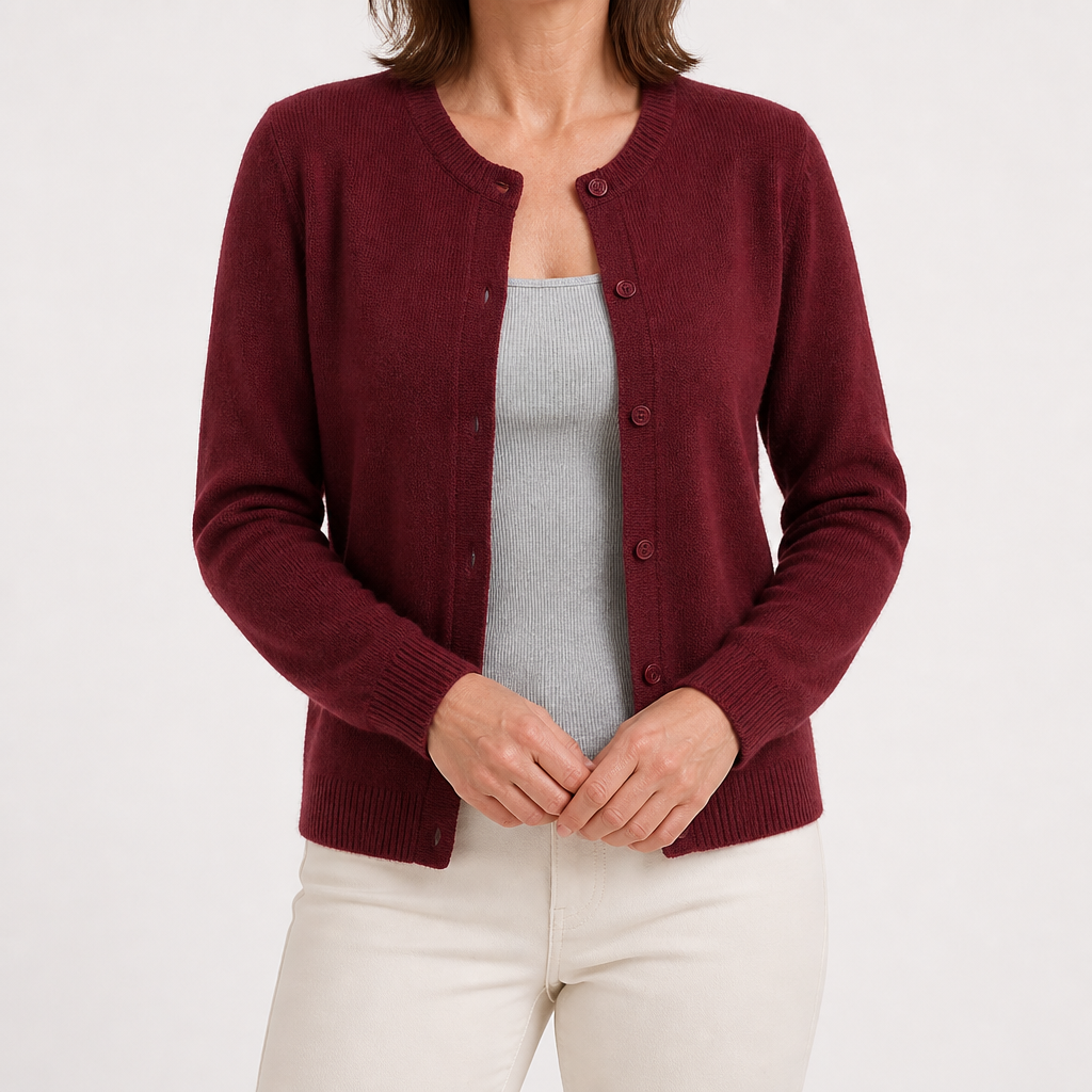 Janice | Womens Round Neck Button Front Knit Cardigan Sweater, Wine Red