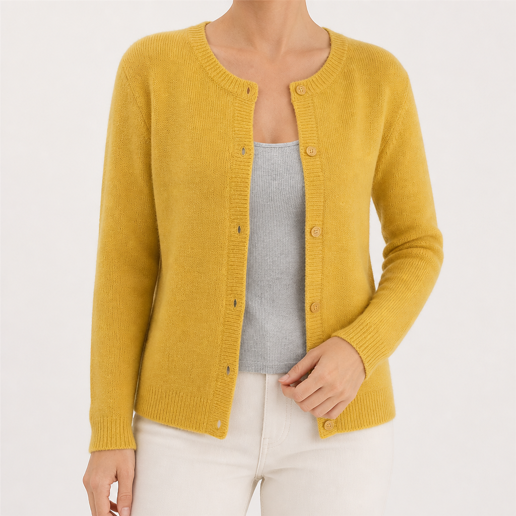 Janice | Womens Round Neck Button Front Knit Cardigan Sweater, Yellow