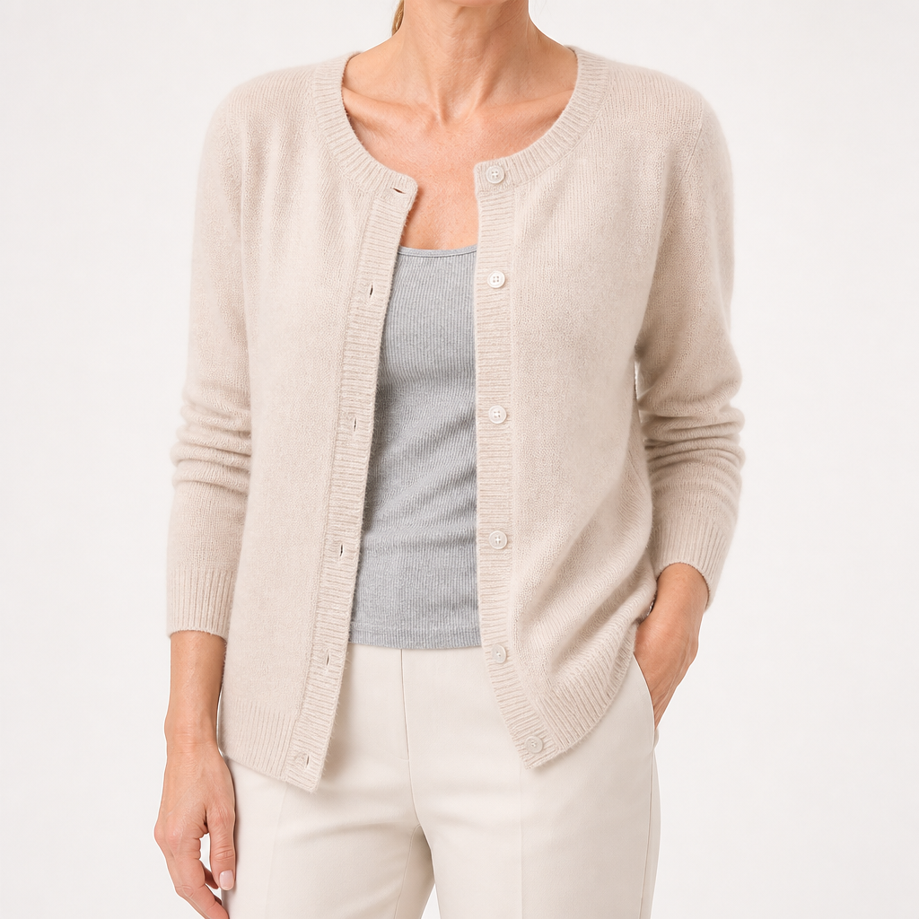 Janice | Womens Round Neck Button Front Knit Cardigan Sweater, Apricot
