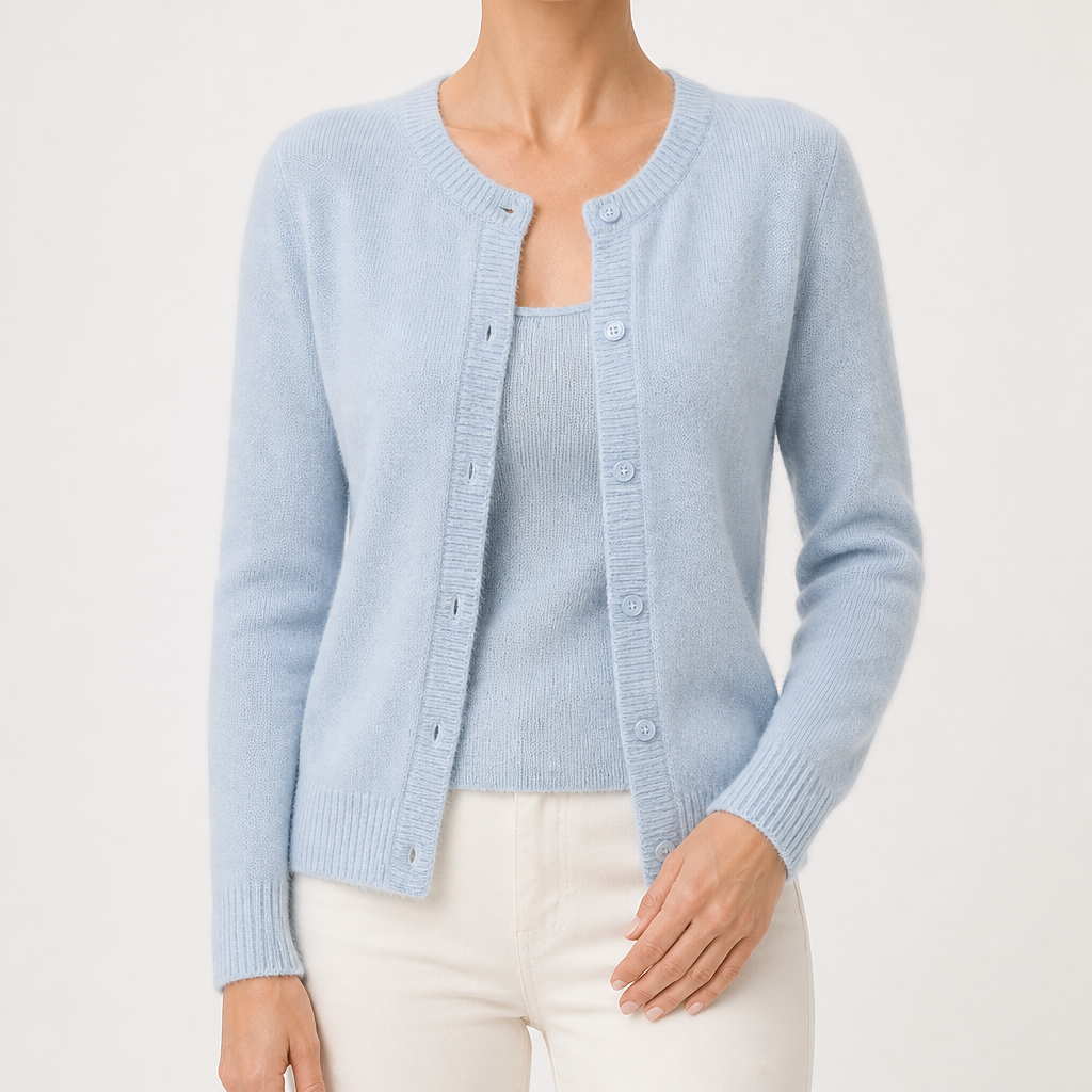 Janice | Womens Round Neck Button Front Knit Cardigan Sweater, Light Blue