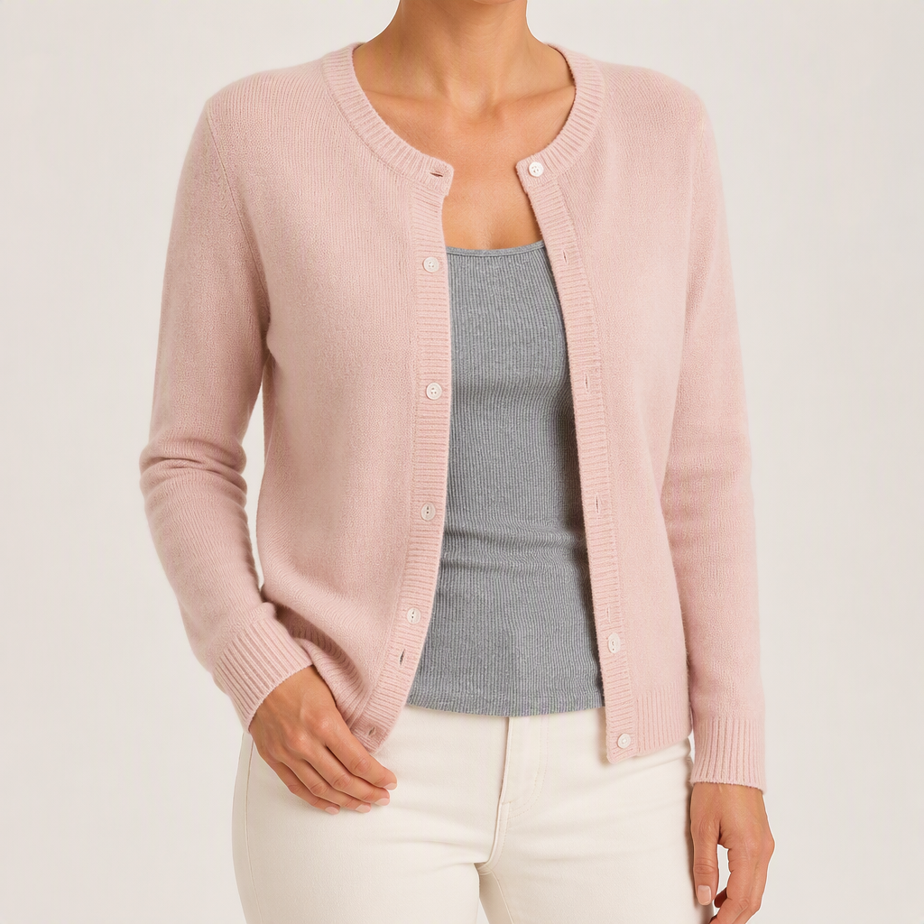 Janice | Womens Round Neck Button Front Knit Cardigan Sweater, Pink
