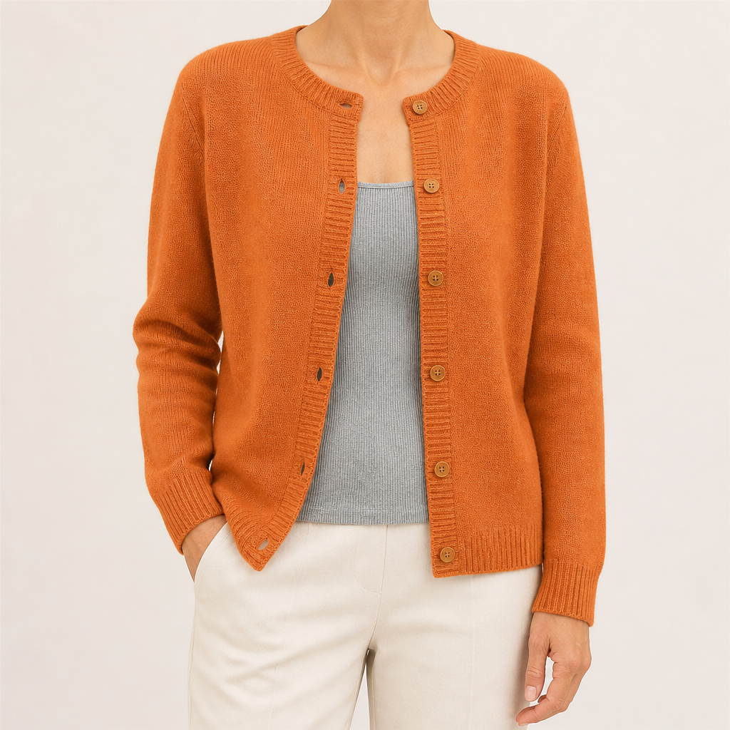 Janice | Womens Round Neck Button Front Knit Cardigan Sweater, Pumpkin