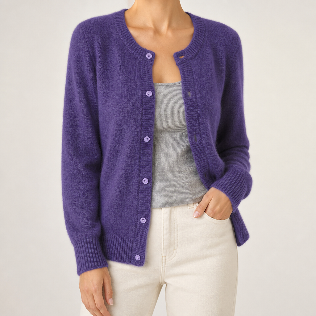 Janice | Womens Round Neck Button Front Knit Cardigan Sweater, Purple 2