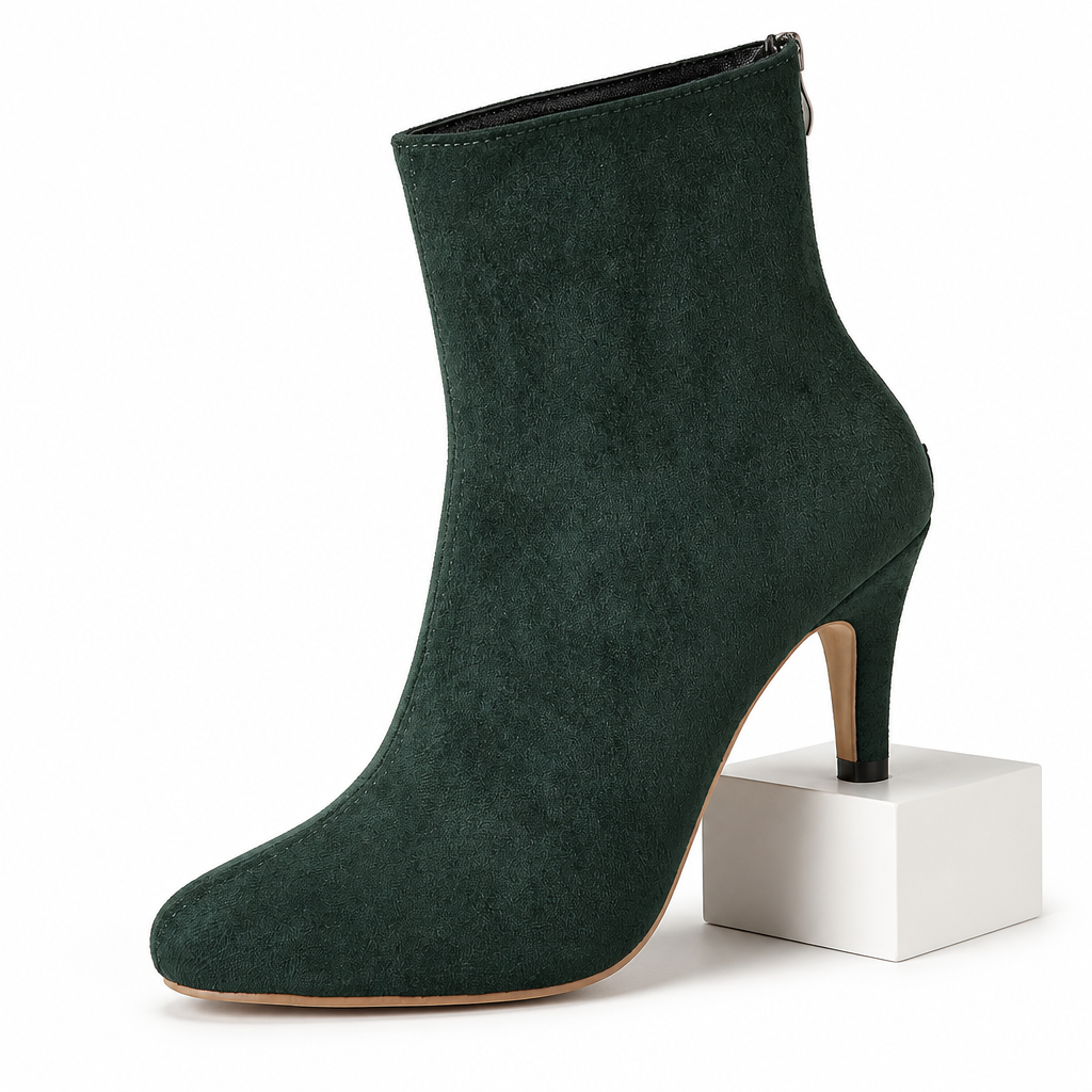 Janie | Womens Green Suede High Heel Pointed Toe Short Ankle Boots