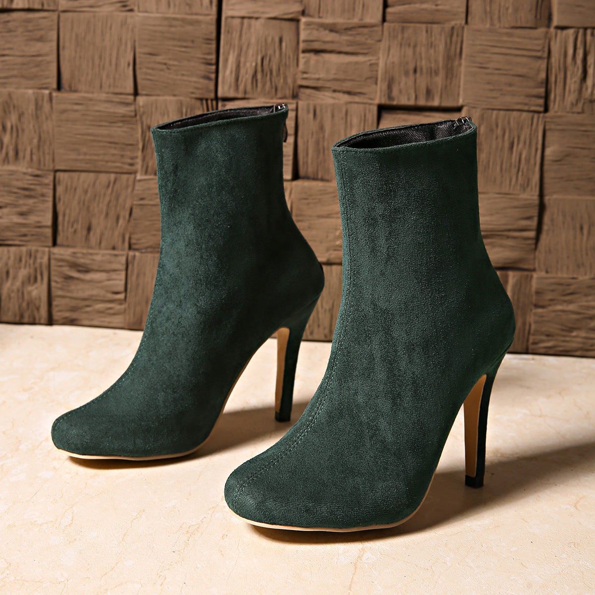 Janie | Womens Green Suede High Heel Pointed Toe Short Ankle Boots