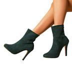 Janie | Womens Green Suede High Heel Pointed Toe Short Ankle Boots