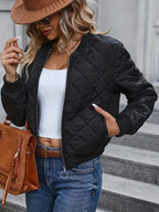 Janine | Womens Black Quilted Padded Full Zip Fall Winter Bomber Jacket, Black