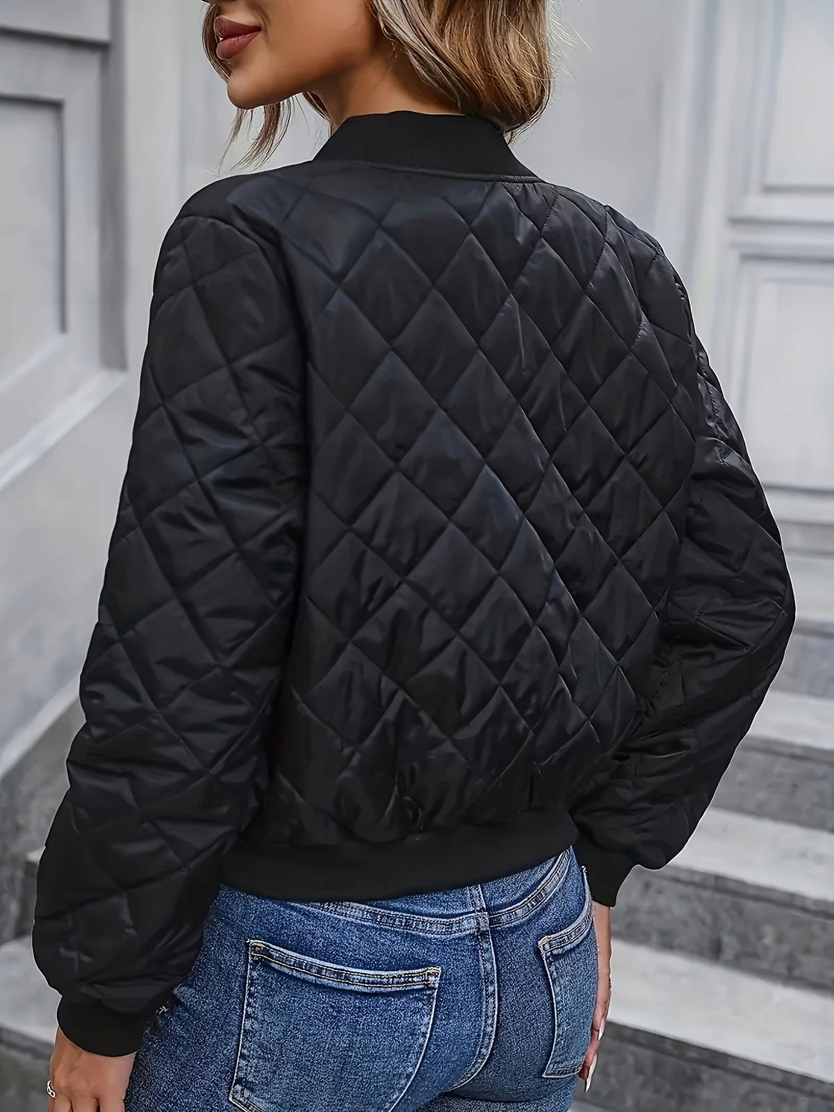 Janine | Womens Black Quilted Padded Full Zip Fall Winter Bomber Jacket