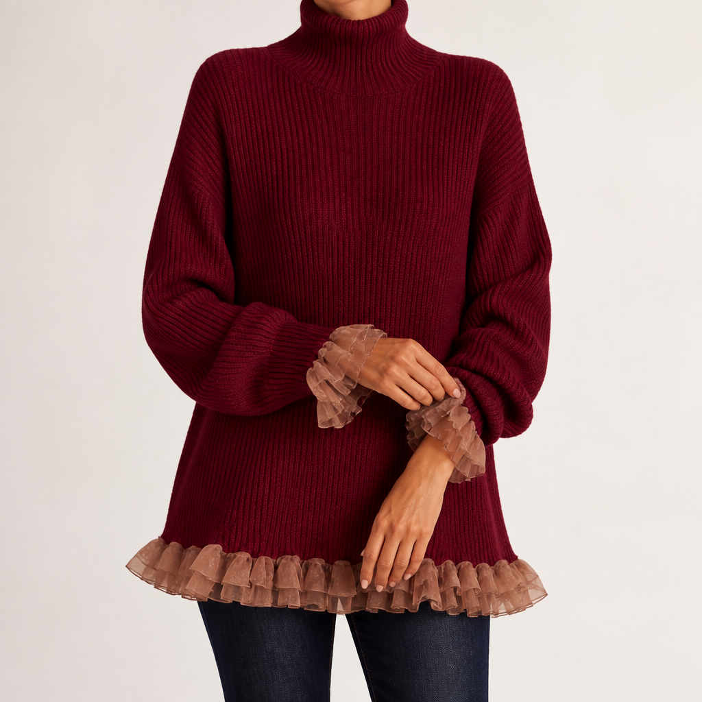 Jarvis | Womens Jumper Knitted High Neck Ruffle Warm Winter Sweater, Design 3
