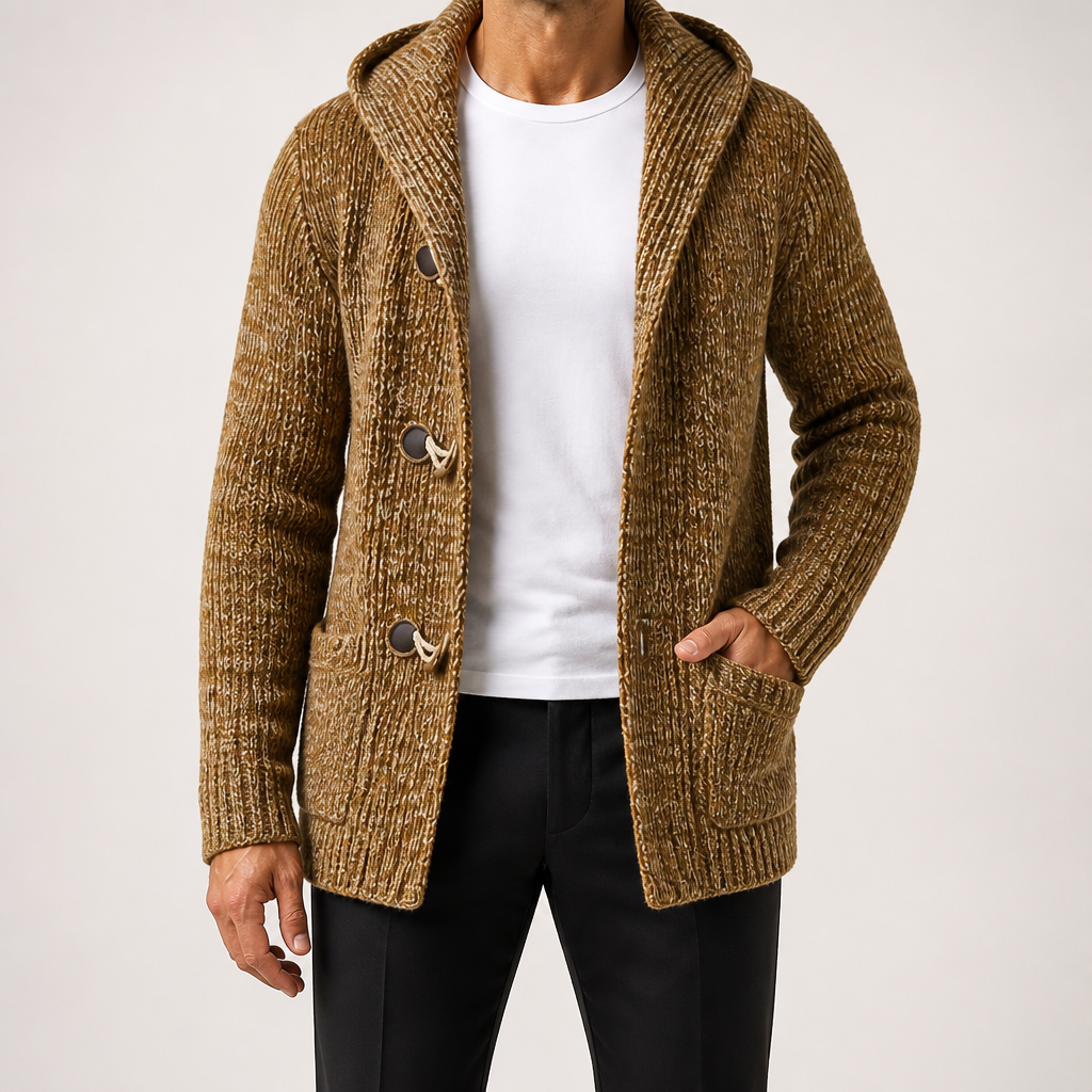 Jason | Mens Long Cardigan Sweater Hooded Toggle Knit Warm Coat, Khaki