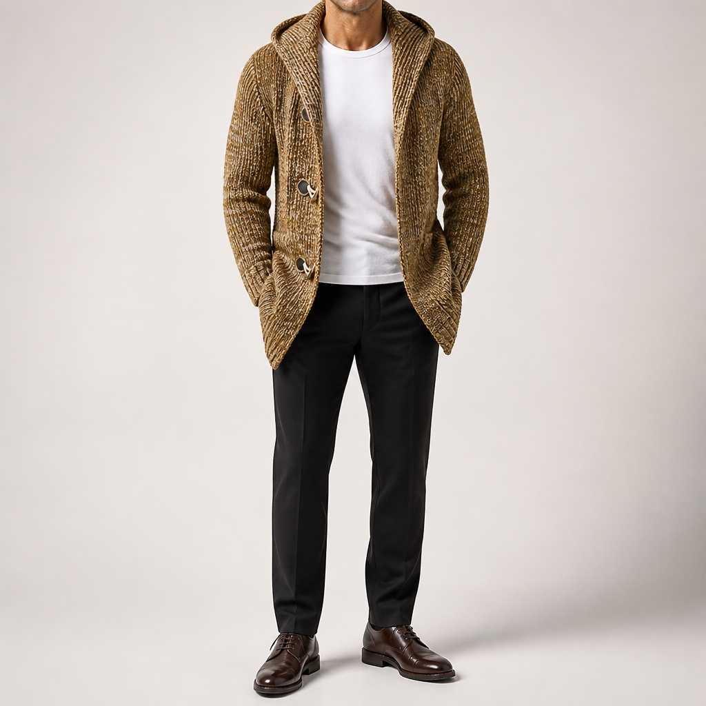 Jason | Mens Long Cardigan Sweater Hooded Toggle Knit Warm Coat, Khaki