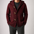 Jason | Mens Long Cardigan Sweater Hooded Toggle Knit Warm Coat, Wine Red