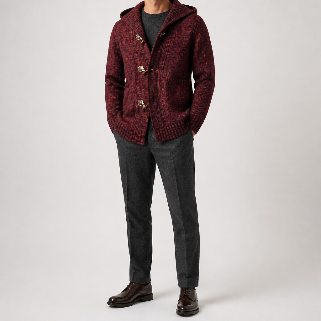 Jason | Mens Long Cardigan Sweater Hooded Toggle Knit Warm Coat, Wine Red
