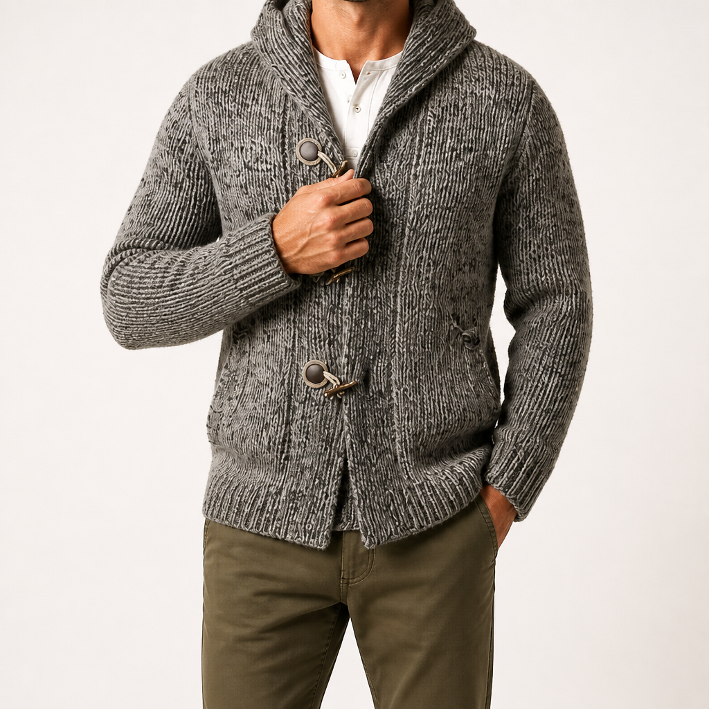 Jason | Mens Long Cardigan Sweater Hooded Toggle Knit Warm Coat, Grey