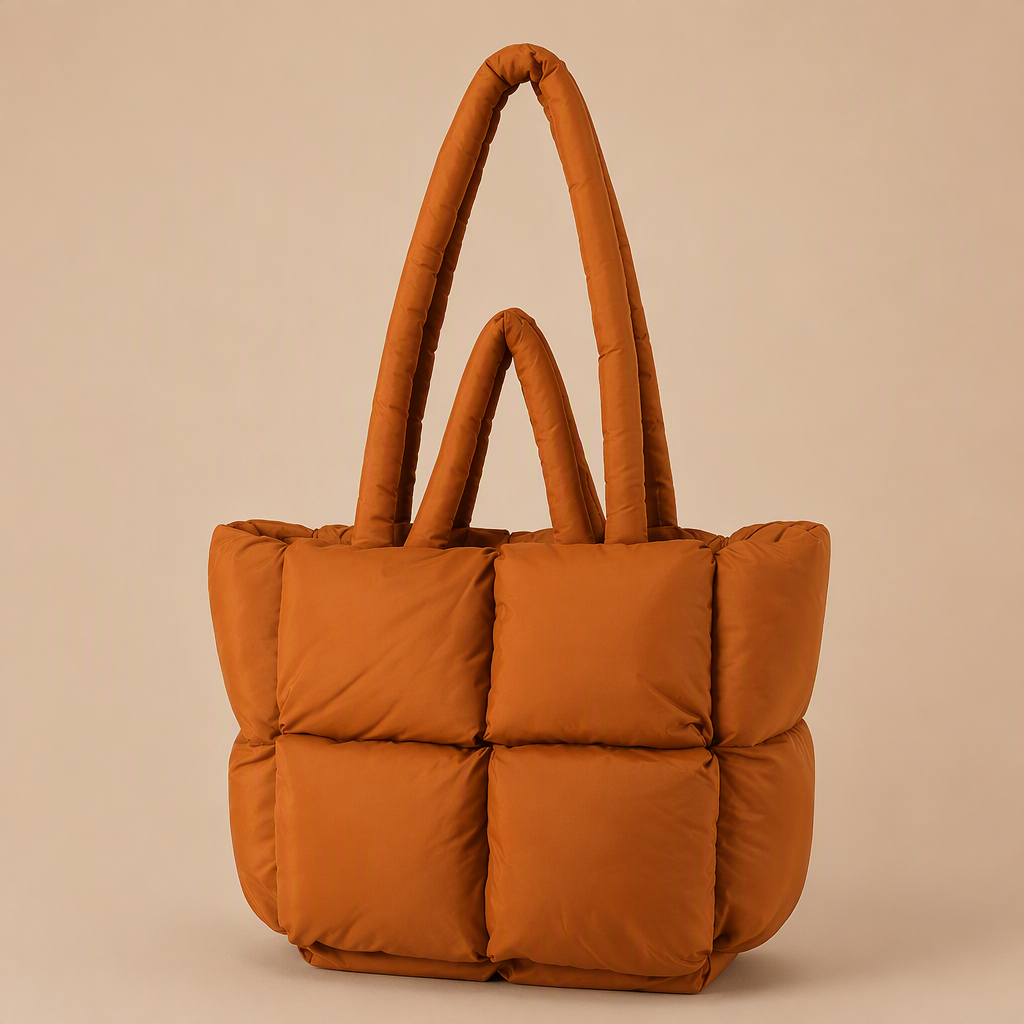 Jeanette | Womens Quilted Padded Tote Handbag Shoulder Bag, Brown