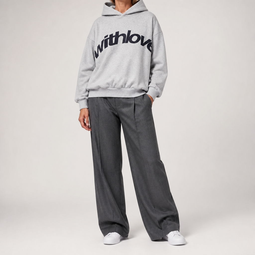 Jennifer | Womens Hoodie Hooded Sweatshirt Letter Print Long Sleeve Jacket, Light Grey