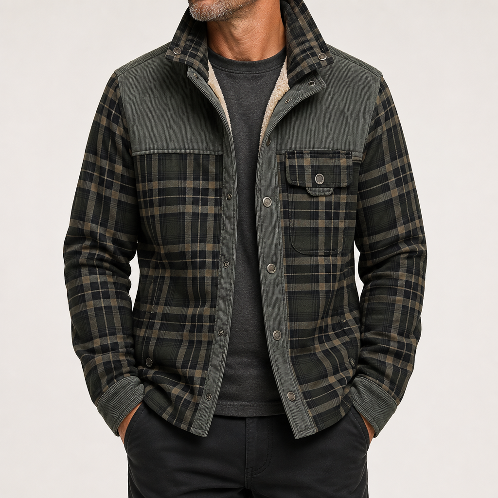 Jerry | Mens Fleece Lined Plaid Cotton Flannel Winter Shirt Jacket, Dark Army Green