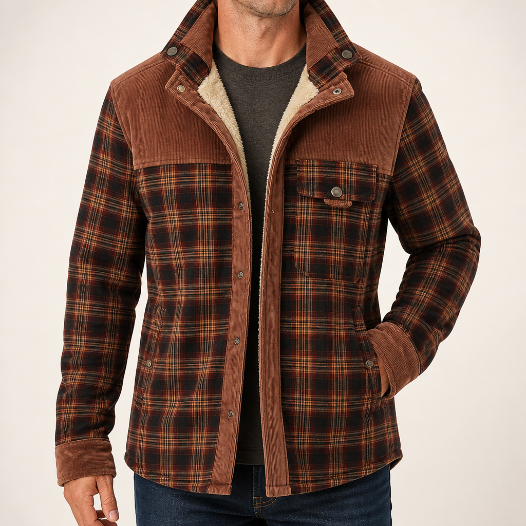 Jerry | Mens Fleece Lined Plaid Cotton Flannel Winter Shirt Jacket, Red Coffee