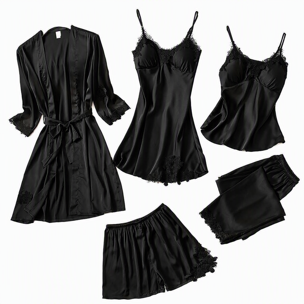 Jessa | Womens Satin Cami Sleepwear Robe Lounge Set, Black 2