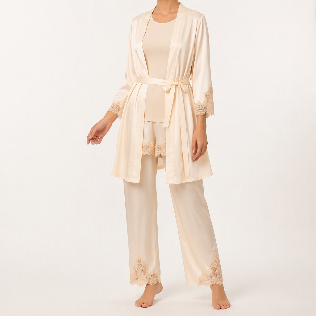Jessa | Womens Satin Cami Sleepwear Robe Lounge Set, Champagne