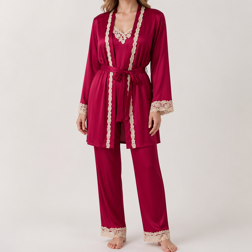 Jessa | Womens Satin Cami Sleepwear Robe Lounge Set, Wine Red