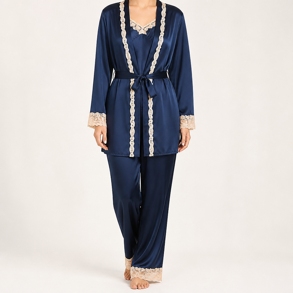 Jessa | Womens Satin Cami Sleepwear Robe Lounge Set, Navy Blue