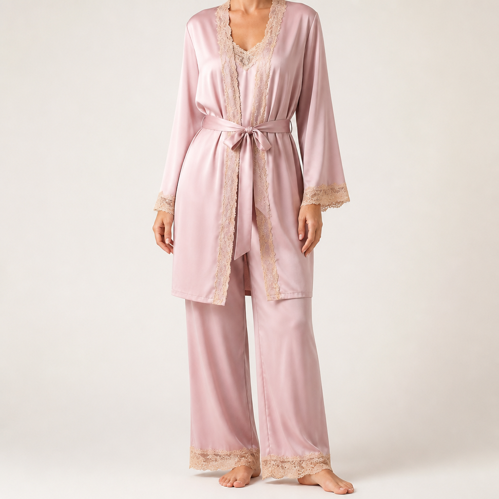Jessa | Womens Satin Cami Sleepwear Robe Lounge Set, Pink