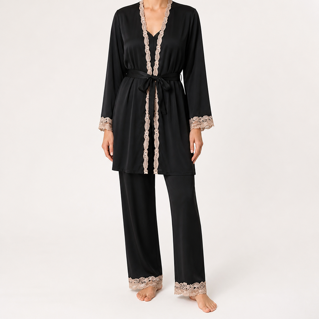 Jessa | Womens Satin Cami Sleepwear Robe Lounge Set, Black
