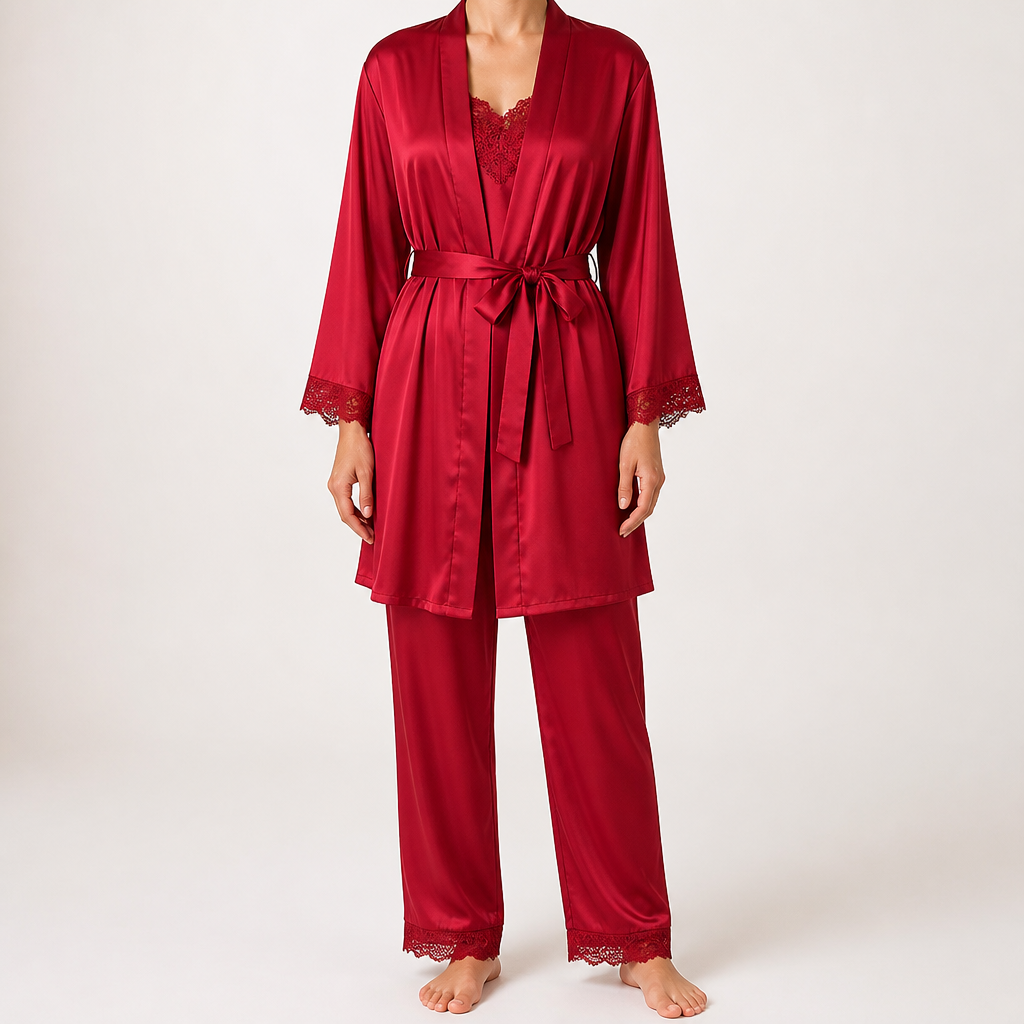 Jessa | Womens Satin Cami Sleepwear Robe Lounge Set, Wine Red 2
