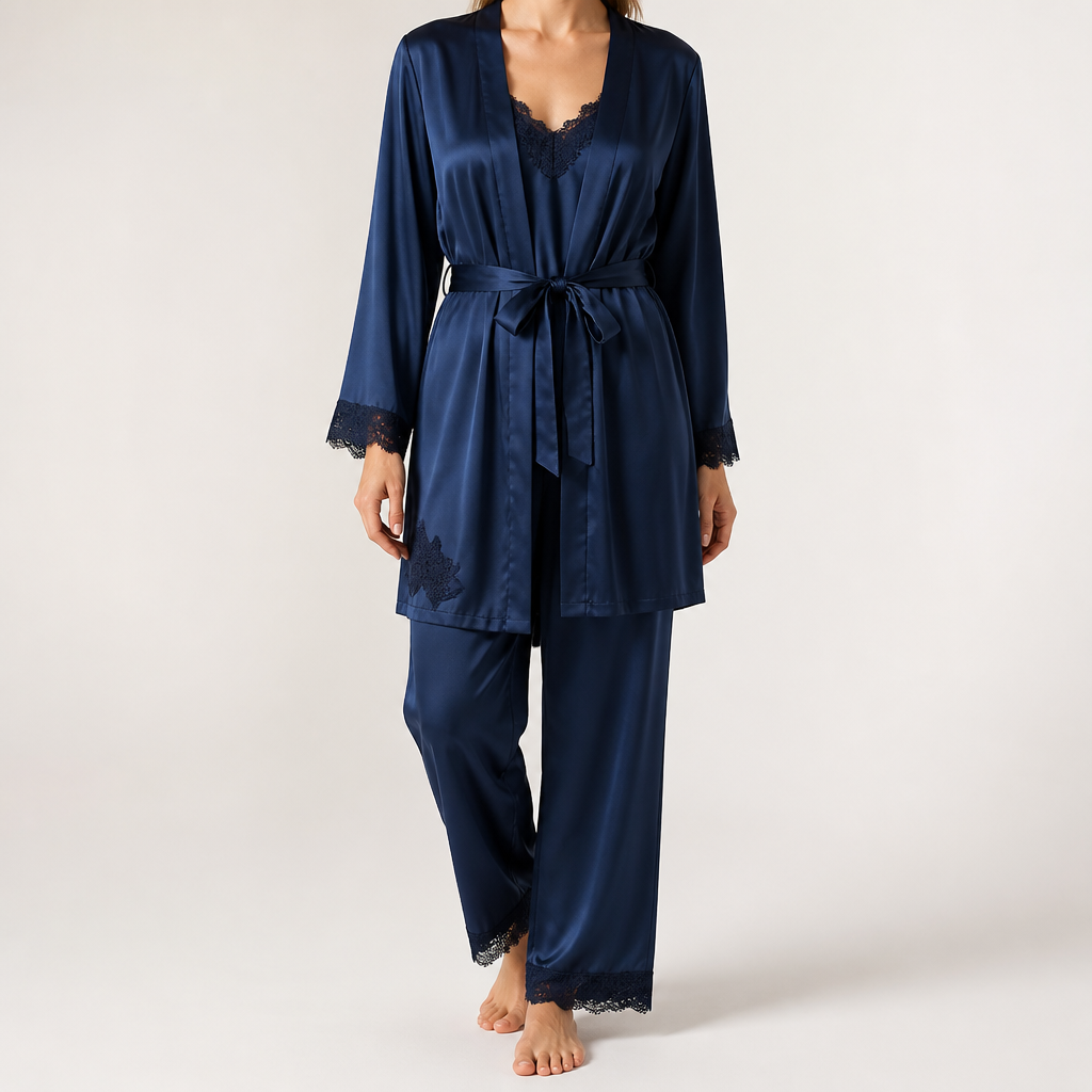 Jessa | Womens Satin Cami Sleepwear Robe Lounge Set, Navy Blue 2