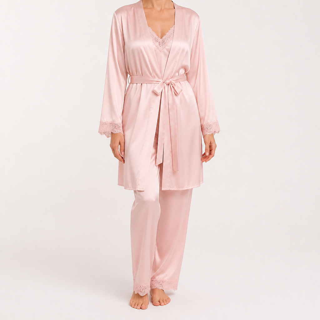 Jessa | Womens Satin Cami Sleepwear Robe Lounge Set, Pink 2