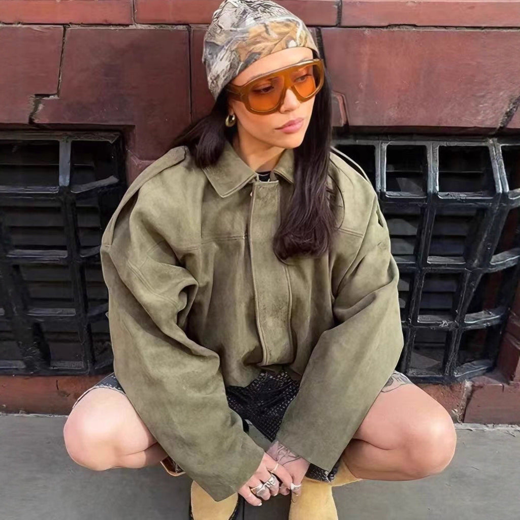 Jessica | Womens Suede Bomber Jacket Aviator Zip Up Outerwear
