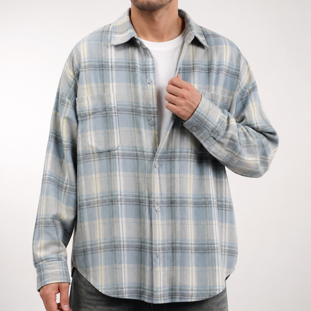 Jimmy | Mens Plaid Cotton Button Up Long Sleeve Casual Shirt Jacket, Blue