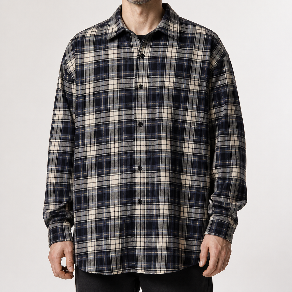 Jimmy | Mens Plaid Cotton Button Up Long Sleeve Casual Shirt Jacket, Navy Blue