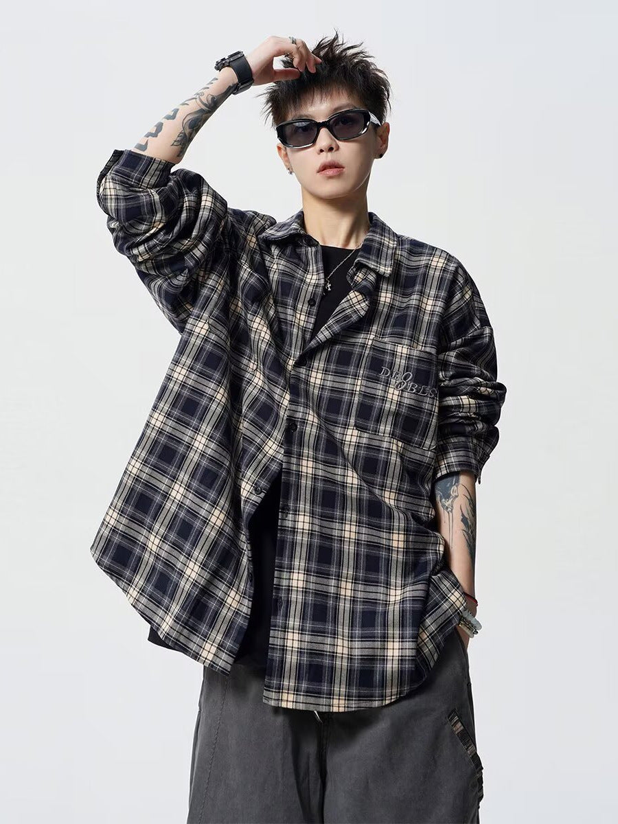 Jimmy | Mens Plaid Cotton Button Up Long Sleeve Casual Shirt Jacket, Navy Blue