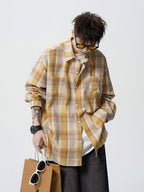 Jimmy | Mens Plaid Cotton Button Up Long Sleeve Casual Shirt Jacket, Yellow
