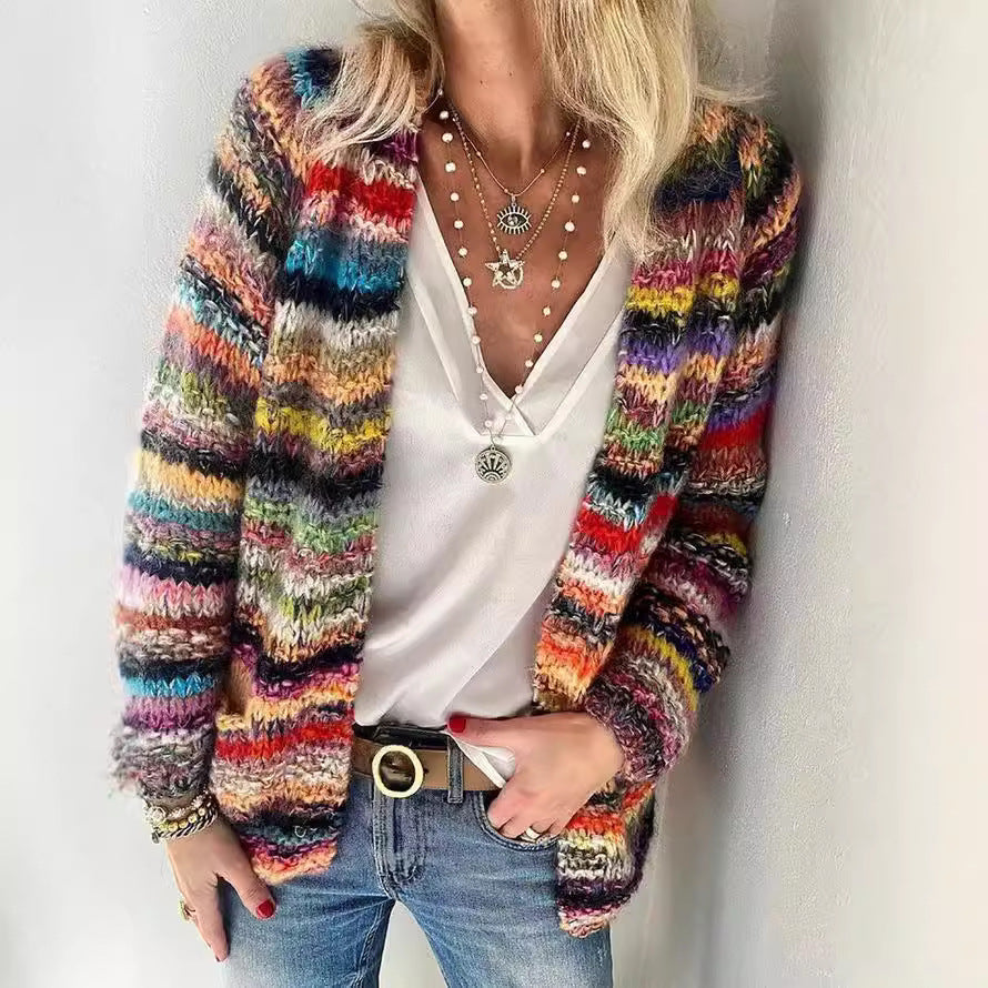 Joanna | Womens Colorful Print Knit Cardigan Loose Long Sleeve Sweater