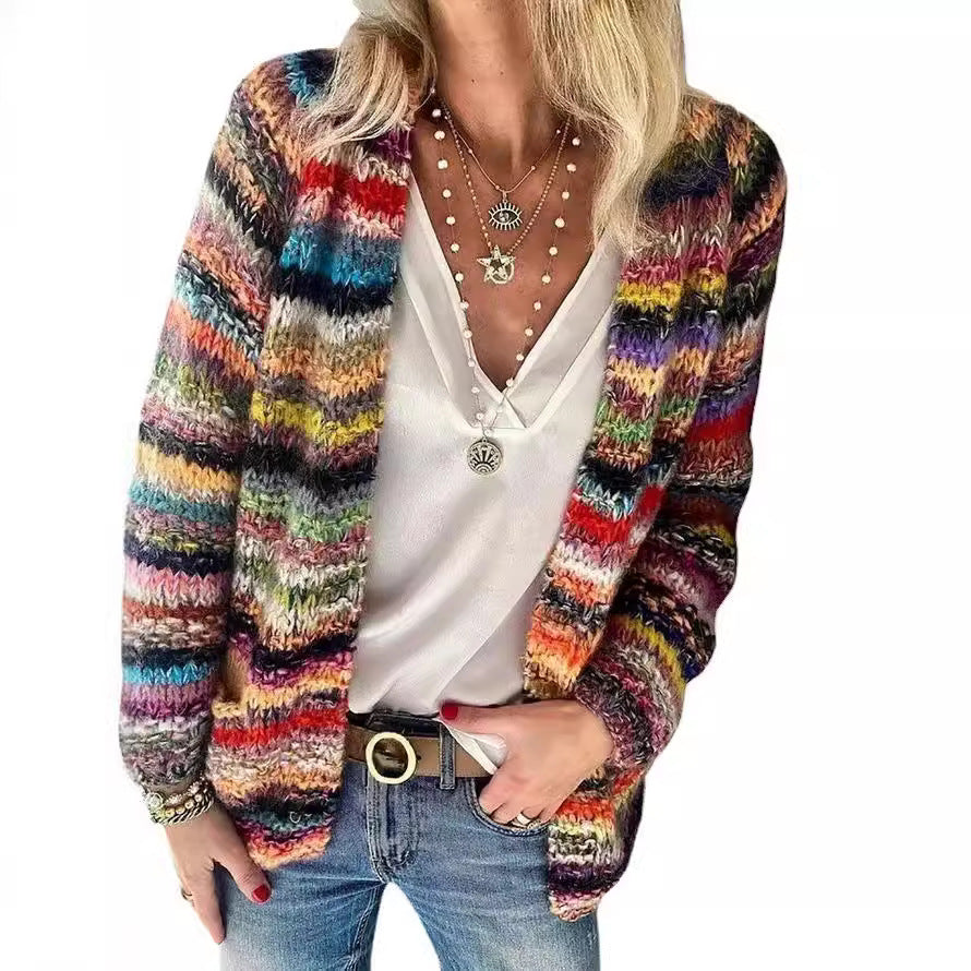 Joanna | Womens Colorful Print Knit Cardigan Loose Long Sleeve Sweater