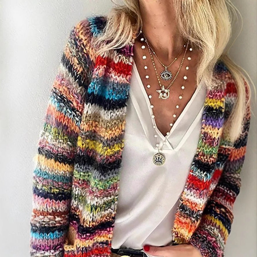 Joanna | Womens Colorful Print Knit Cardigan Loose Long Sleeve Sweater