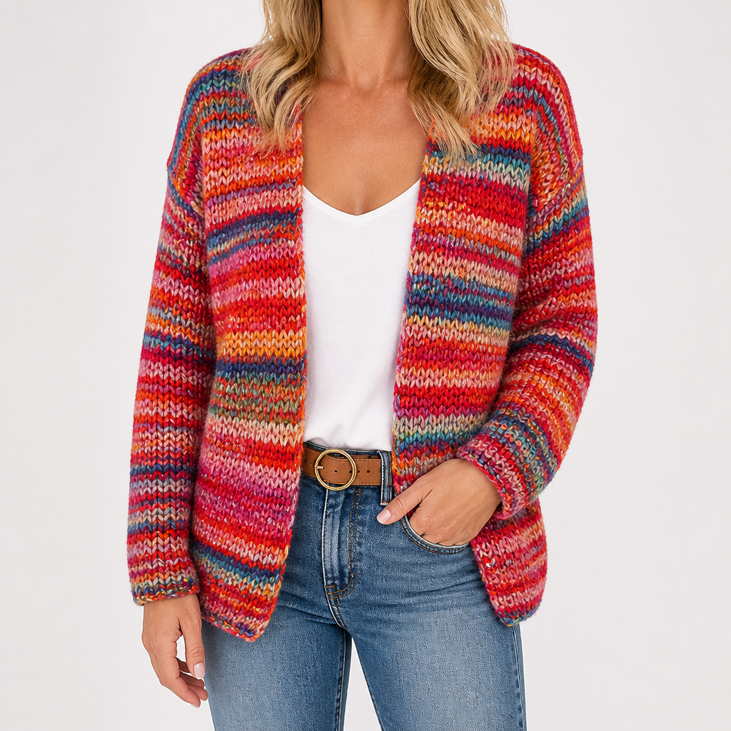 Joanna | Womens Colorful Print Knit Cardigan Loose Long Sleeve Sweater, Red