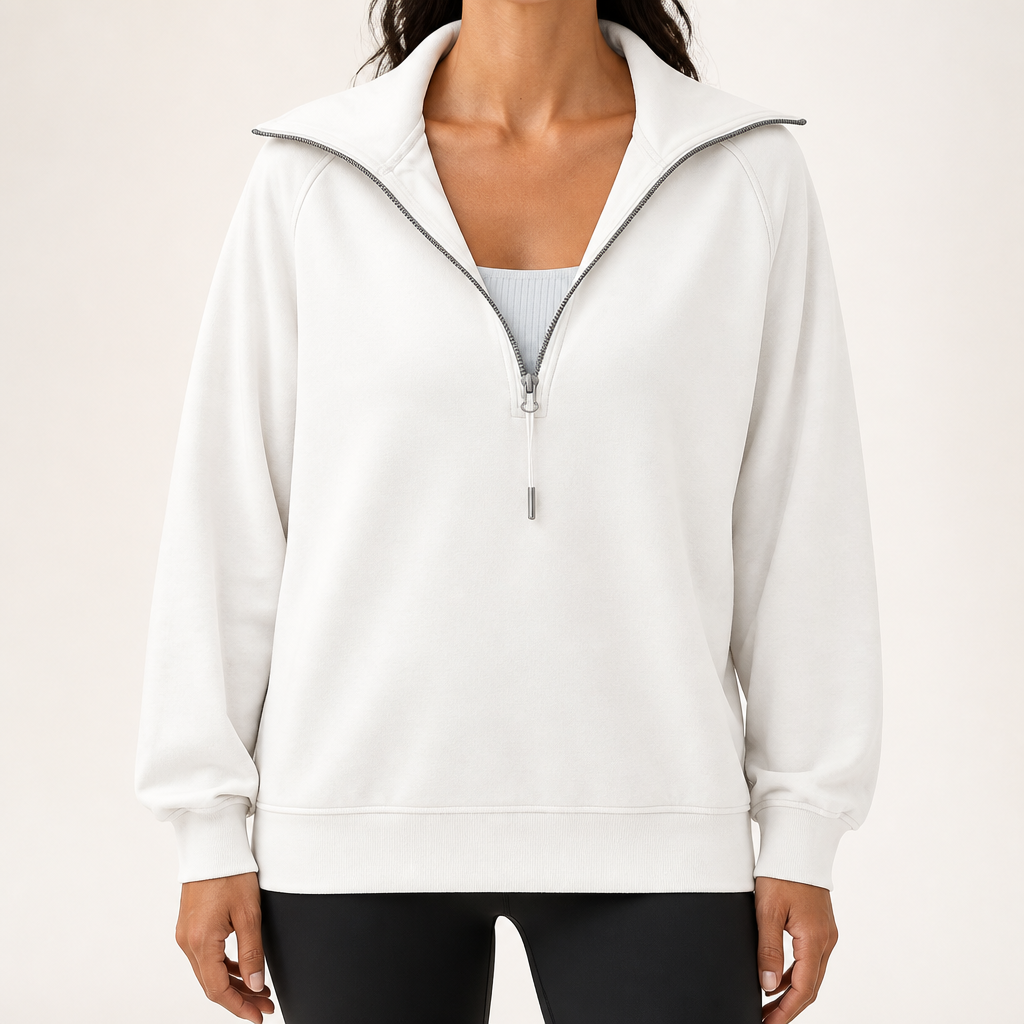 Jocelyn | Womens Half Zip Stand Collar Long Sleeve Running Workout Yoga Top, White